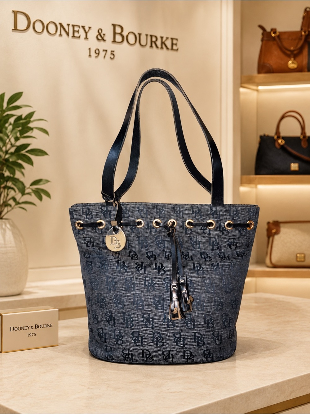 Dooney & Bourke Navy Logo Jacquard Drawstring Tote